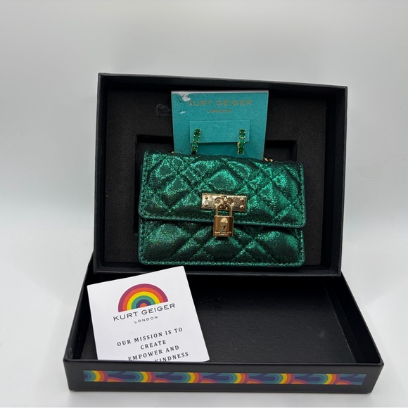 Kurt Geiger Metallic Quilted Mini Bag in Emerald with Gold Lock & Earrings - Picture 2 of 6